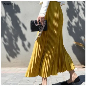 Vintage Pleated Midi Long Skirt For Women Korean Fashion Casual High Waist Chiffon Skirts Jupe Faldas 18 Color 2024 Autumn SK397