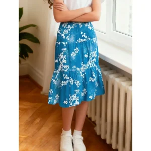 Fashionable Blue and White Floral Mid-Length Skirt Faux Denim Fabric Layered Ruffle