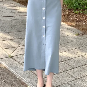 Women's Cotton Linen Skirt High Waist Elastic Single-Breasted Long Skirts Korean Style Clothes Ajustadas Faldas