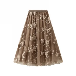 2025 Women High Waist Midi Skirt Elegant Floral Embroidery Mesh Midi Skirt with Double Layered Tulle High Waist A-line for Women