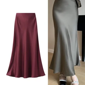Korean Style Casual Summer Red Satin Fishtail Skirt For Women High Waist Slim Elegant Maxi Trumpet Lady