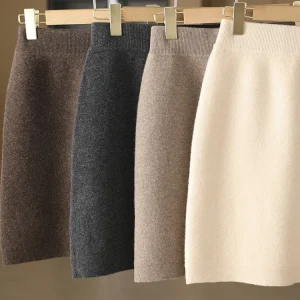 Women Wool Skirts Autumn Winter Office Lady Mini Slim Fit Skirt Elastic Waist 100% Merino Wool Knitted Cashmere Above Knee Dress