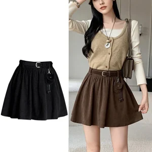 Elastic Waist Casual Retro Corduroy Short Skirt With Belt Korean Style Autumn Winter Kawaii Mini Skirts Lady