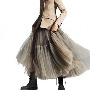 2025 Summer High Waist Long Tulle Skirts Spring Autumn Woman Solid Color A Line Tutu Skirts Female Pleated Mesh Clothing