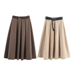 2025 Autumn New Product Women's Casual Fashion Simple and Loose High Waist A-line Belt Midi Half Skirt