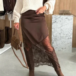Trendix Women Patchwork Lace Skirts 2025 New High Waist Slim Hollow Out Maxi Skirts Autumn Brown Fashion Party Club Boho Skirt