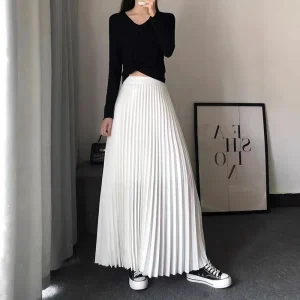 TFETTERS Brand Spring Clothes Women 2025 Autumn Fashion Casual Office Lady Pleated Skirt Women New Hight Waist Solid Long Skirt